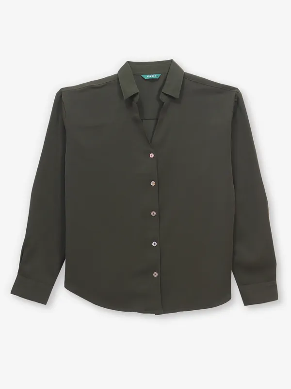 SPYKAR olive plain shirt in cotton for women
