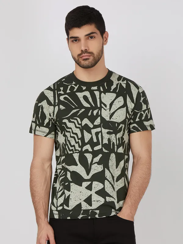SPYKAR olive printed cotton t-shirt