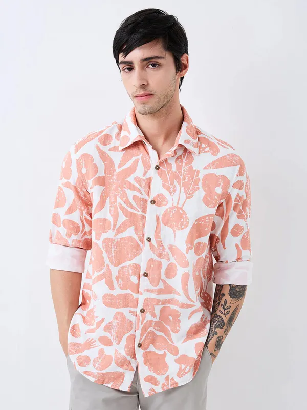 SPYKAR peach printed cotton casual shirt for men