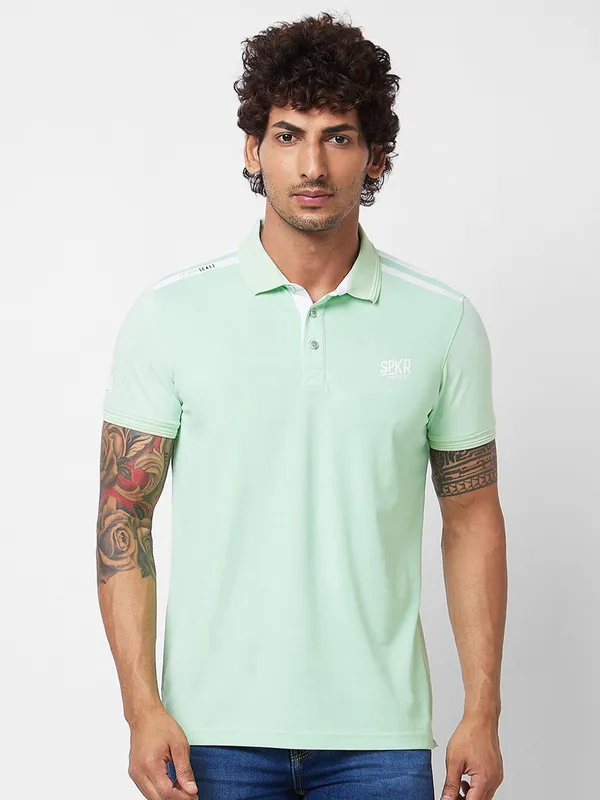 SPYKAR pista green plain t-shirt with polo neck