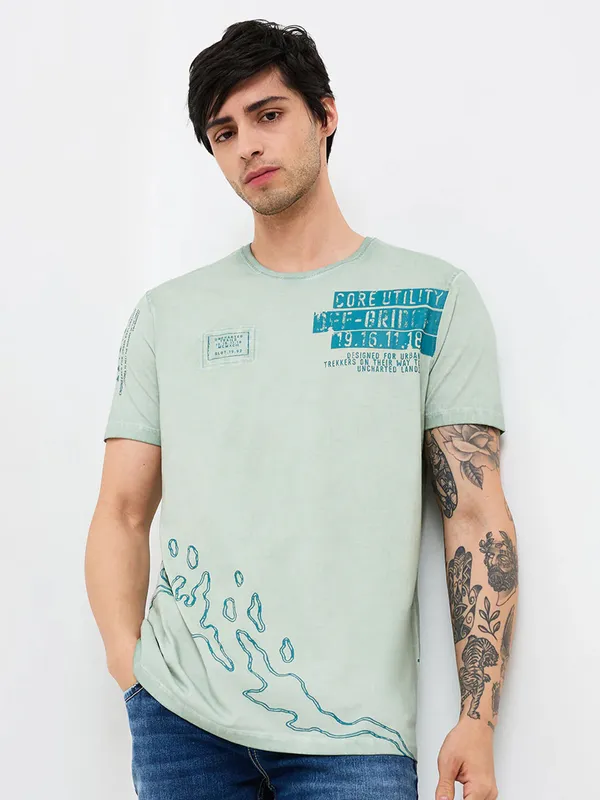 SPYKAR pista green printed cotton t-shirt