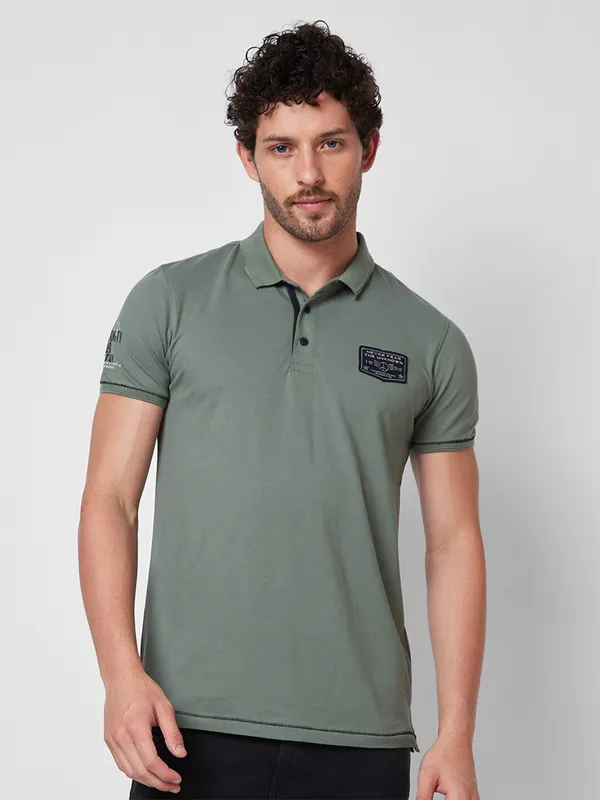 SPYKAR plain sage green cotton polo t-shirt