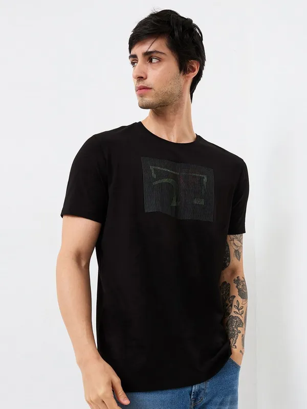 SPYKAR printed black slim fit casual t-shirt for men