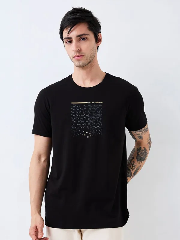 SPYKAR printed black slim fit t-shirt for men