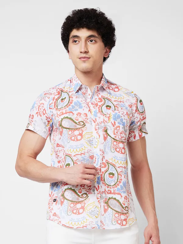 SPYKAR printed cotton white and pink shirt
