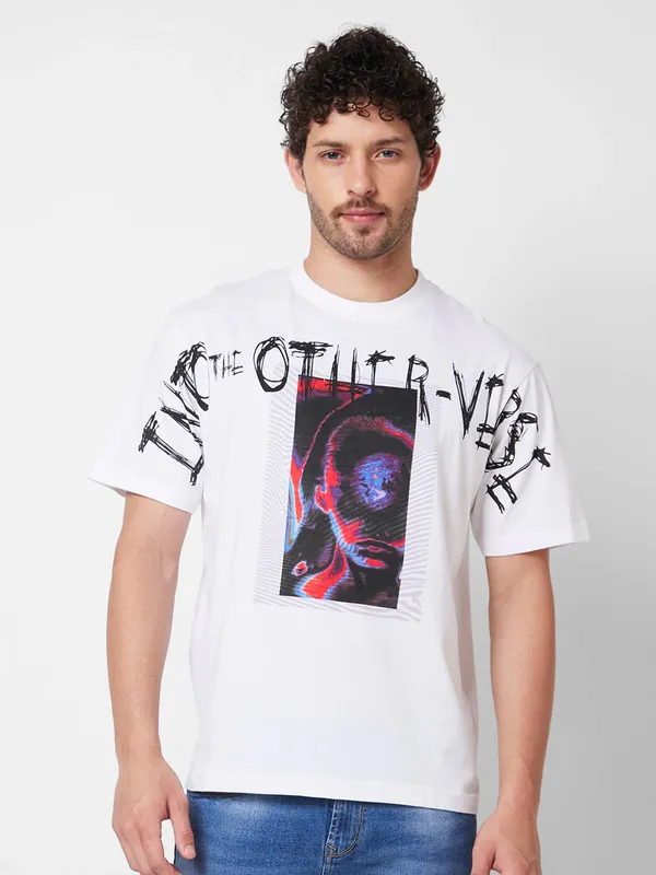 SPYKAR printed cotton white casual t-shirt