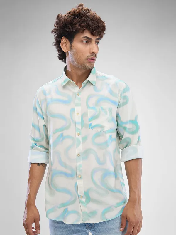 SPYKAR printed cream shirt in cotton fabric