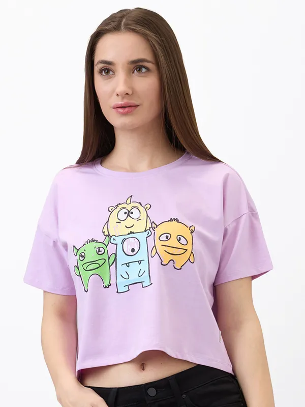 SPYKAR printed lilac purple crop t-shirt