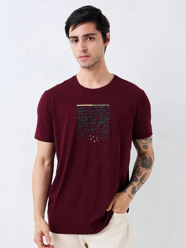 SPYKAR printed maroon cotton slim fit t-shirt