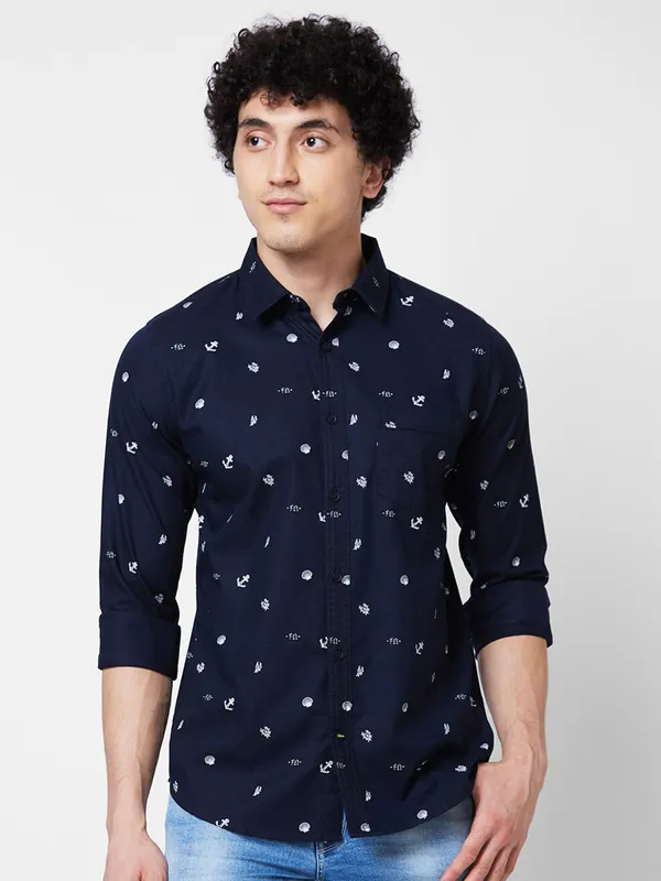SPYKAR printed navy full sleeve shirt