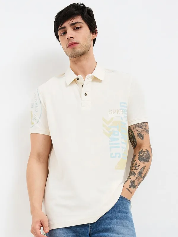 SPYKAR printed off-white slim fit polo t-shirt for men