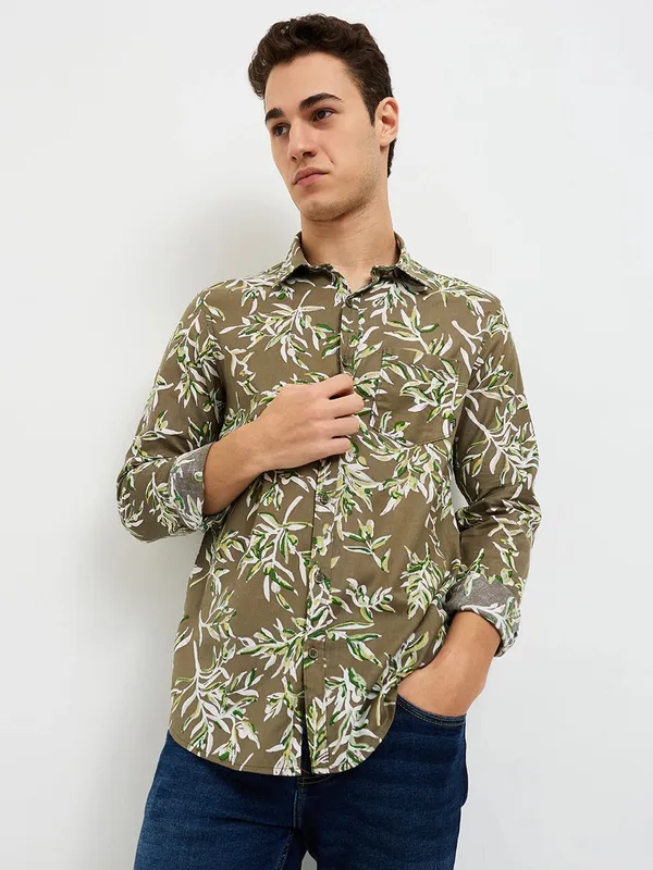 SPYKAR printed olive cotton casual shirt