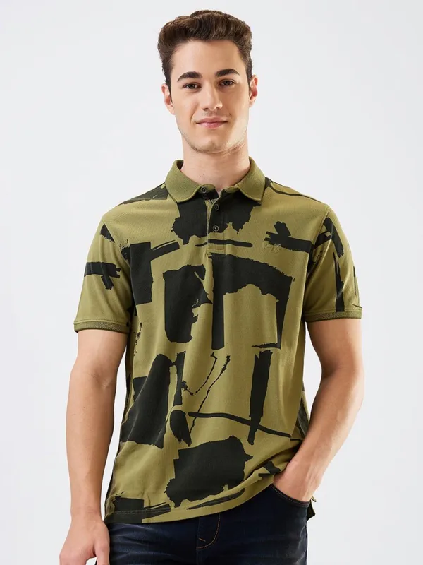 SPYKAR printed olive slim fit polo t-shirt