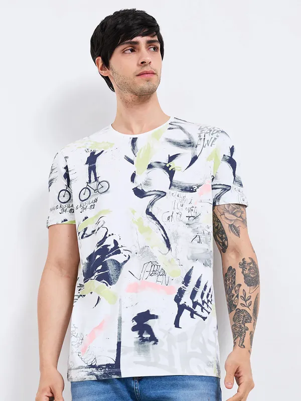 SPYKAR printed white cotton t-shirt for men