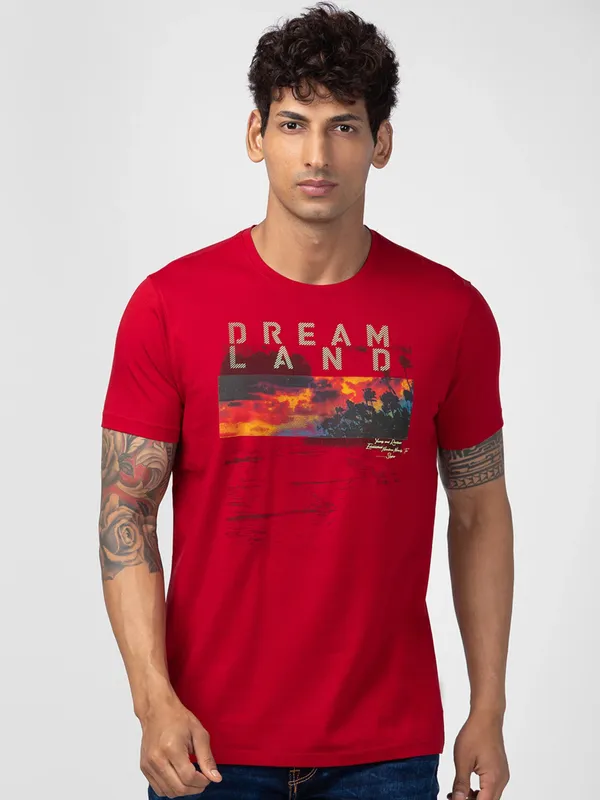 Spykar round neck red printed t shirt