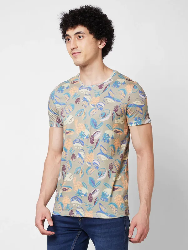 SPYKAR sage green cotton printed t-shirt
