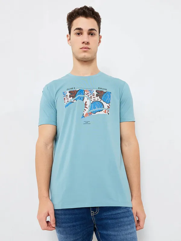 SPYKAR sky blue printed cotton t-shirt