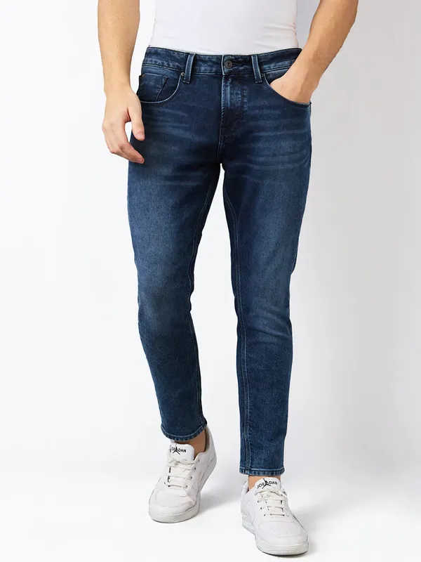 SPYKAR slim fit washed dark blue denim for men