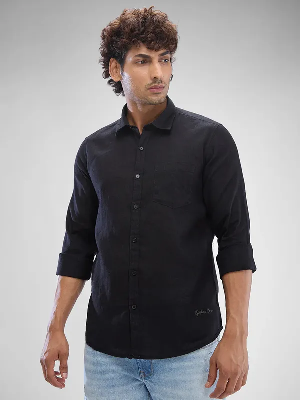 SPYKAR solid black casual cotton shirt