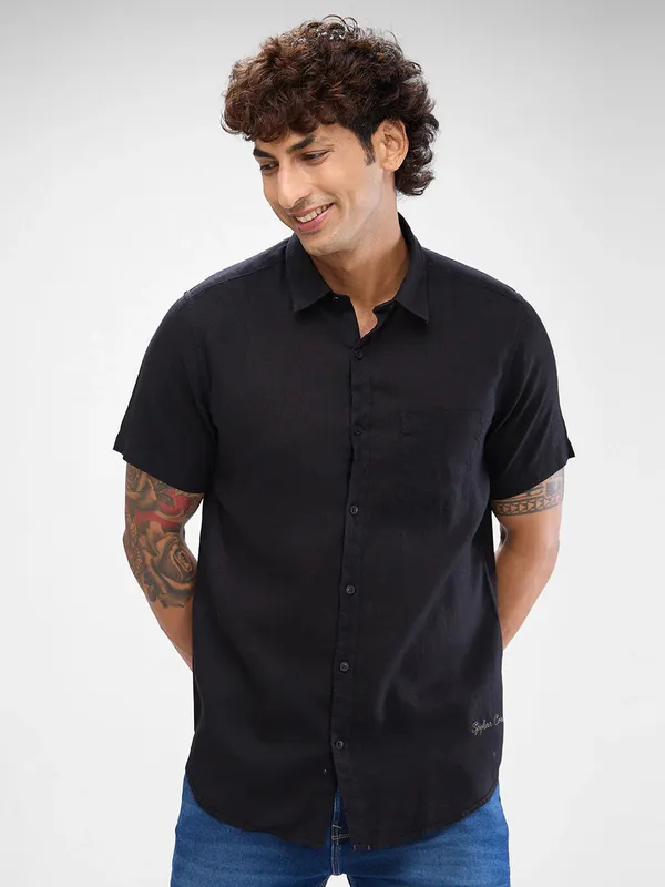 SPYKAR solid black linen casual shirt