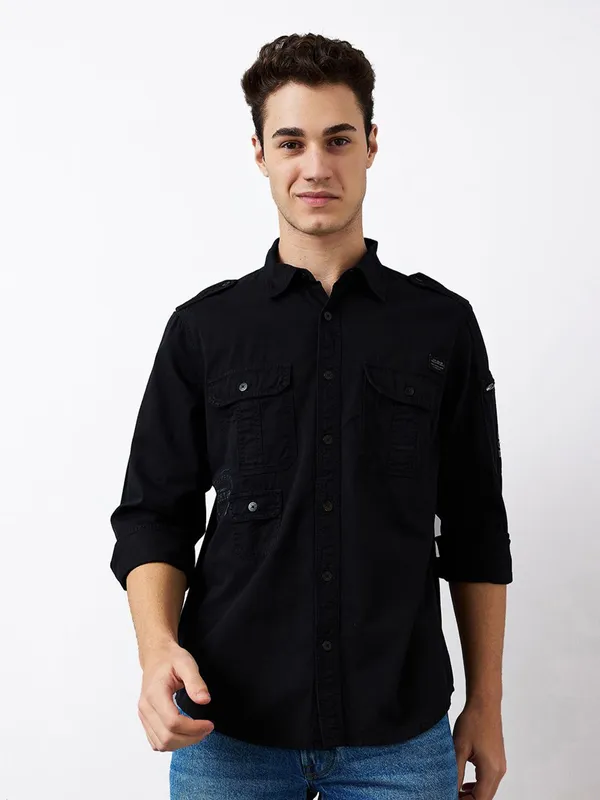 SPYKAR solid black slim fit casual shirt