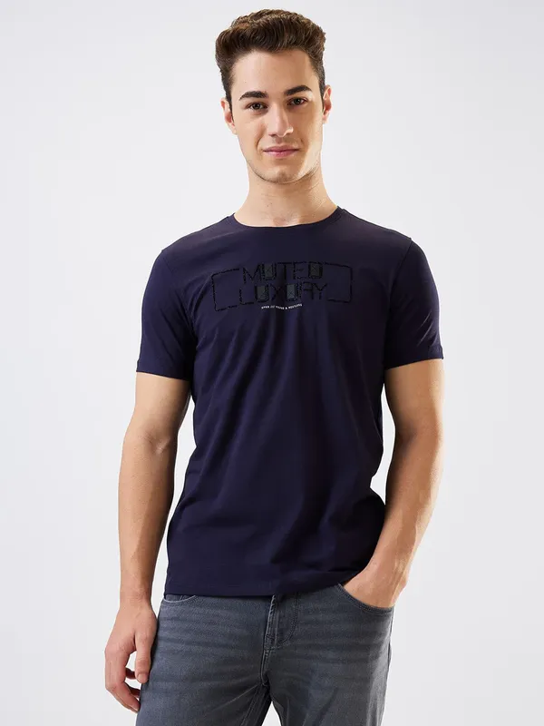 SPYKAR solid navy cotton slim fit mens t-shirt