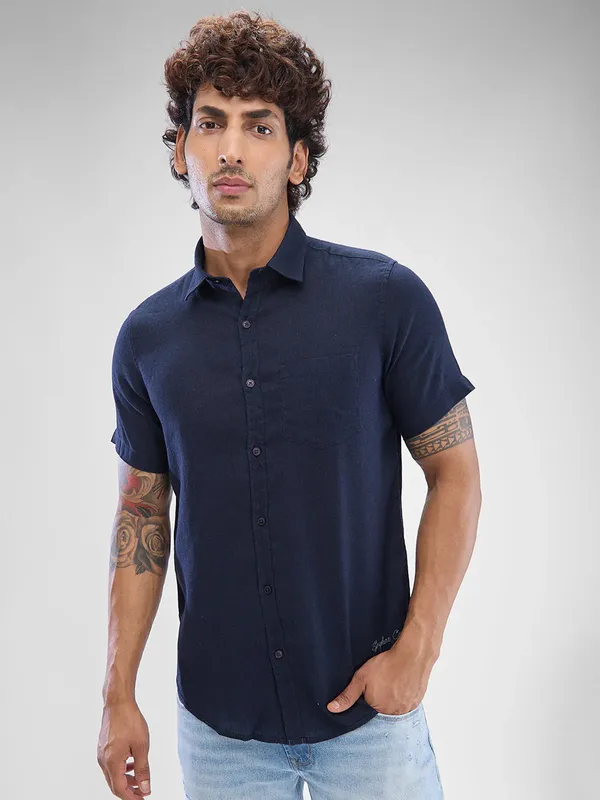 SPYKAR solid navy linen casual shirt