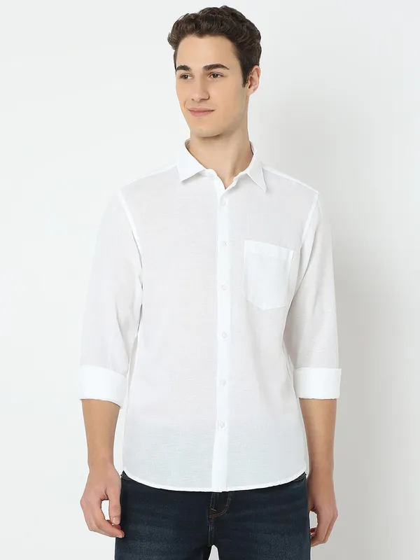 SPYKAR solid white linen casual shirt for men