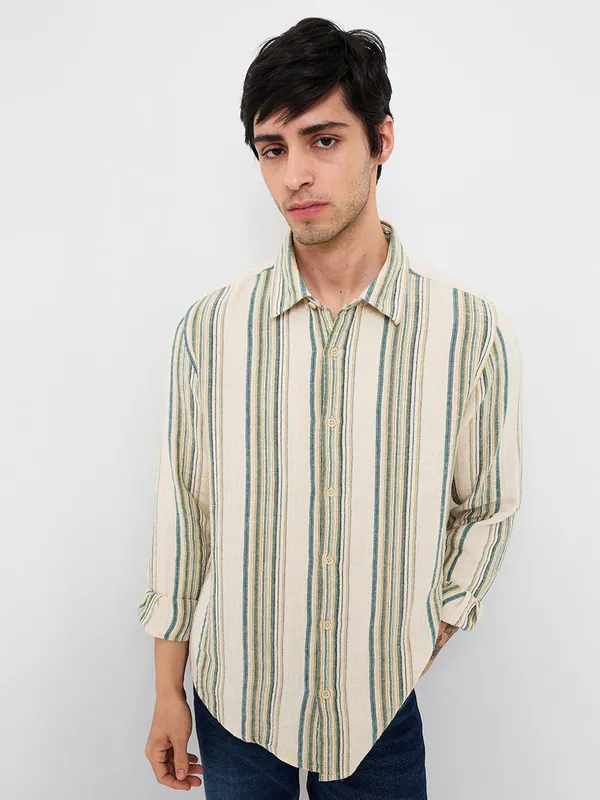 SPYKAR striped beige casual slim fit shirt