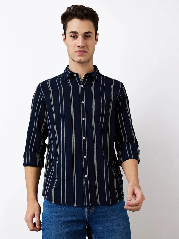 SPYKAR striped navy cotton slim fit casual shirt
