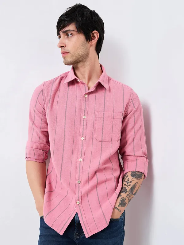 SPYKAR striped pink mens casual wear shirt