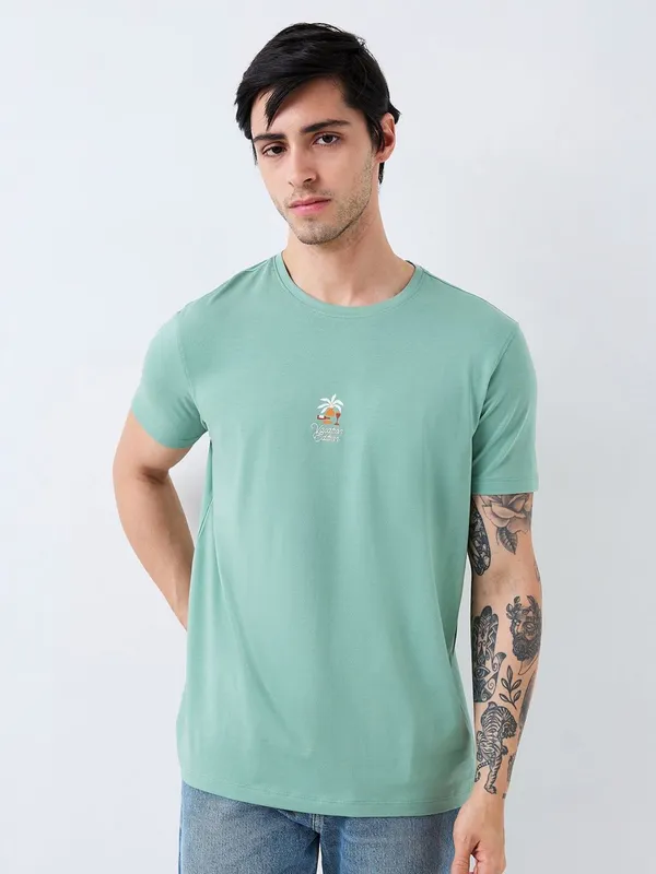 SPYKAR teal green cotton slim fit mens cotton t-shirt