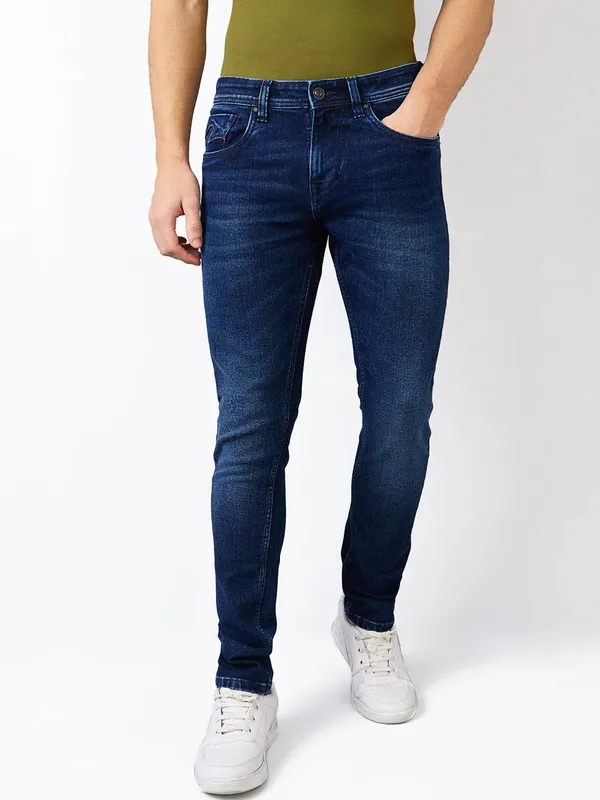 SPYKAR washed dark blue skinny fit denim for men