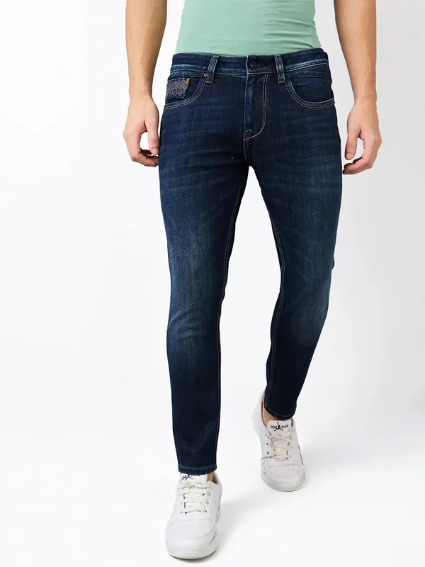 SPYKAR washed dark navy slim fit denim jeans for men