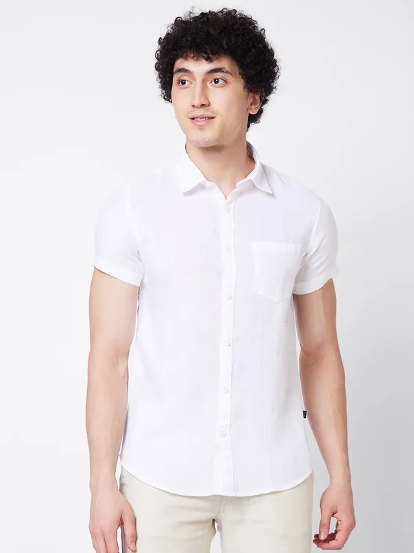 SPYKAR white plain linen shirt