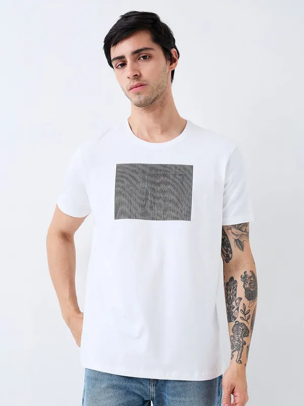 SPYKAR white printed slim fit cotton mens t-shirt