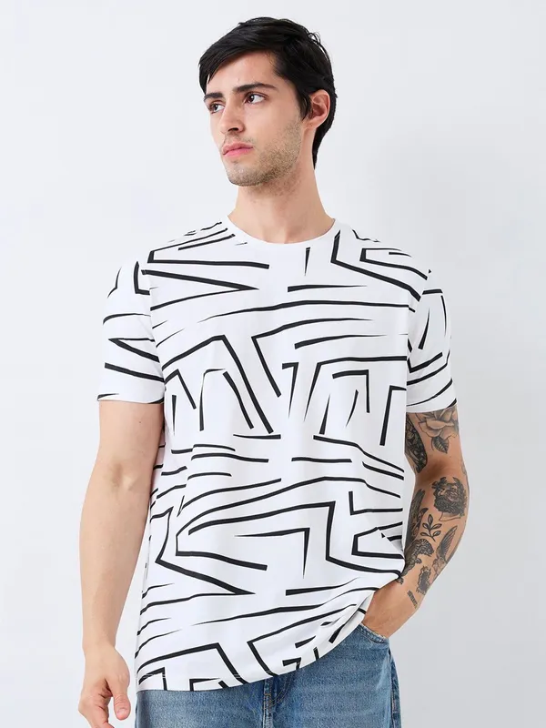 SPYKAR white slim fit printed t-shirt for men