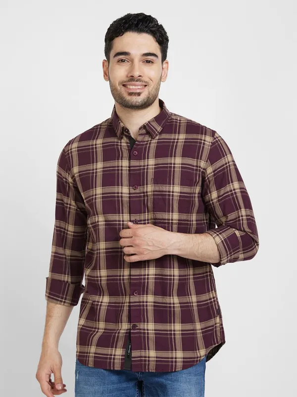 Spykar wine checks full sleeve shirt