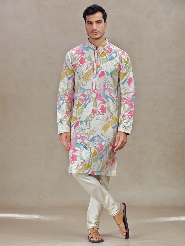 Standout sophistication with beige printed kurta set for men