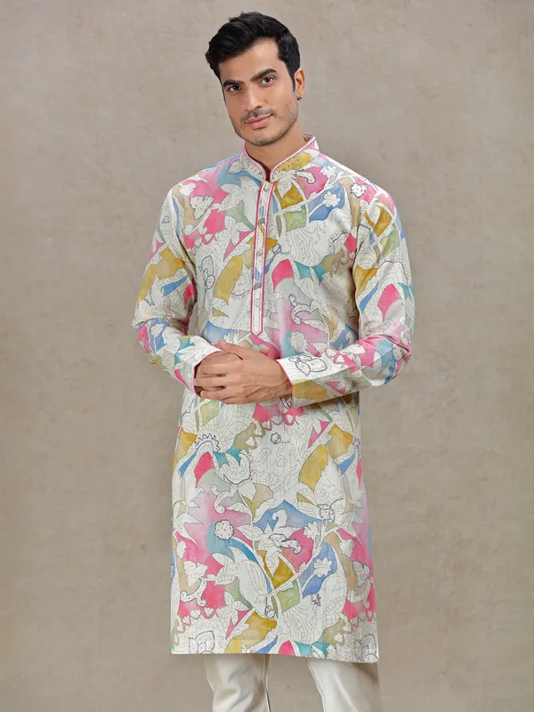 Standout sophistication with beige printed kurta set for men
