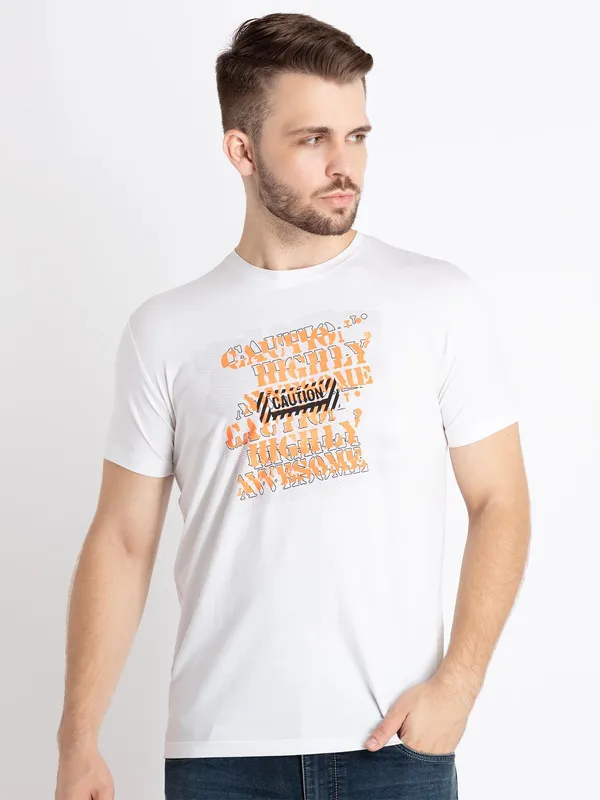 STATUS QUO white orange coton printed t-shirt