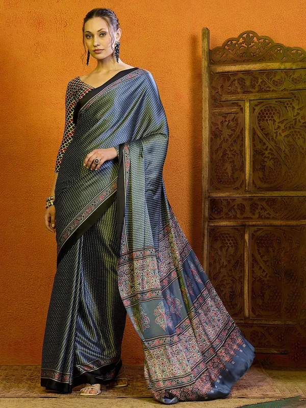 Stone blue bhagalpuri silk printed saree