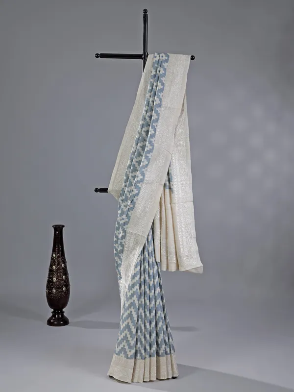Stone blue cotton silk saree with embroidery