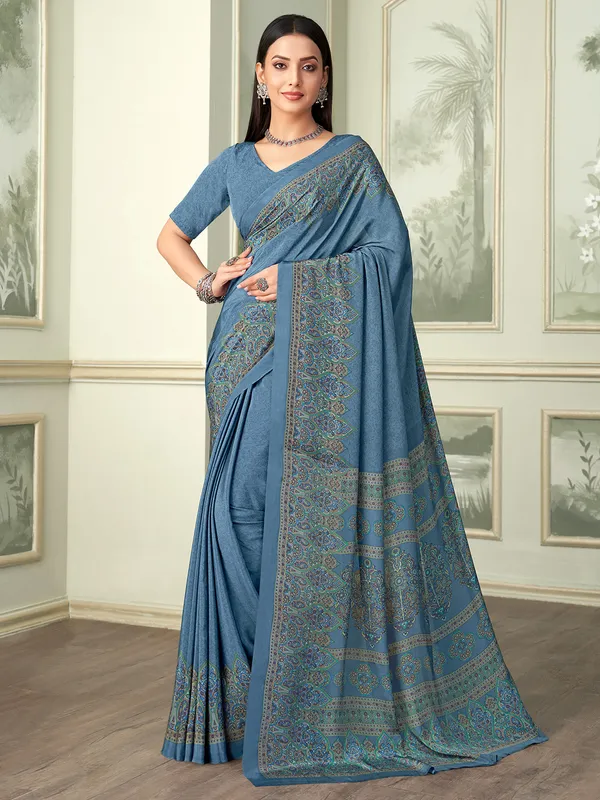 Stone blue crepe saree with printed border