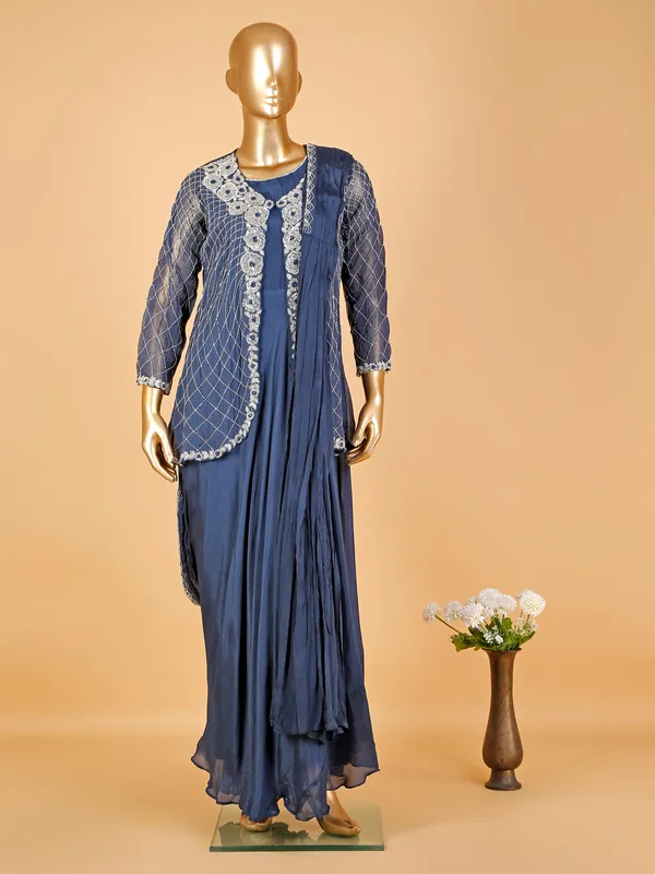 Stone blue georgette jacket style floor length suit