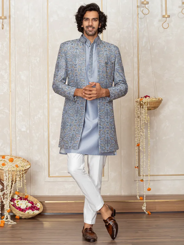 Stone blue jacket style indowestern