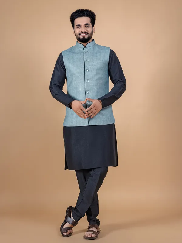 Stone blue jute silk waistcoat set