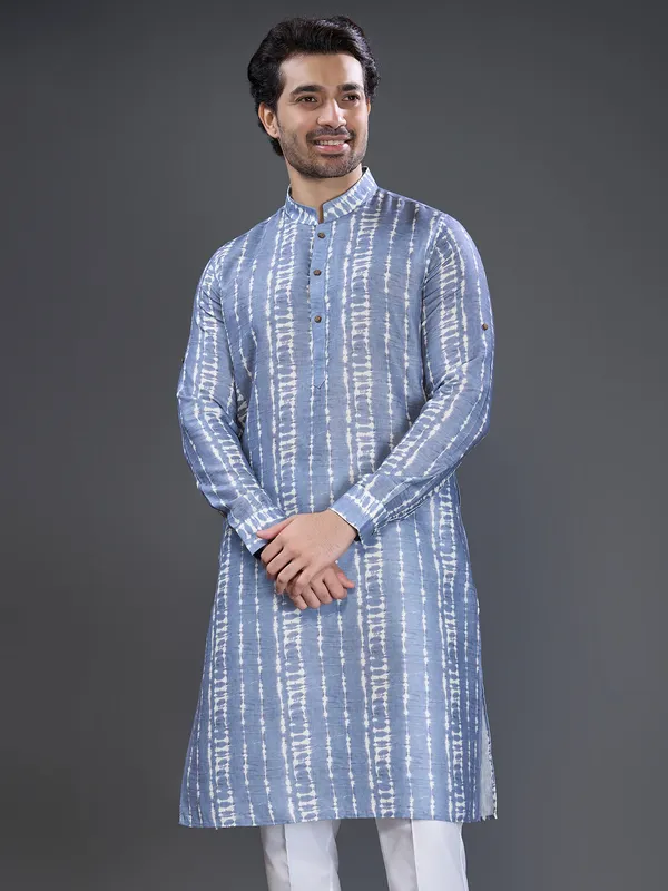 Stone blue printed cotton kurta suit