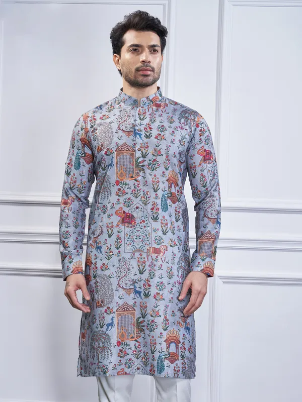 Stone blue printed cotton kurta suit for festive wear