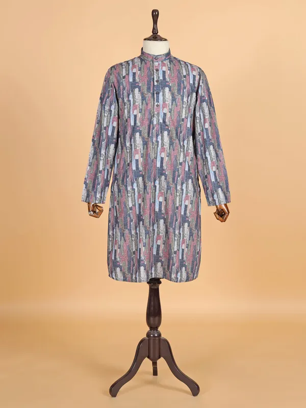 Stone blue printed cotton silk kurta suit for men